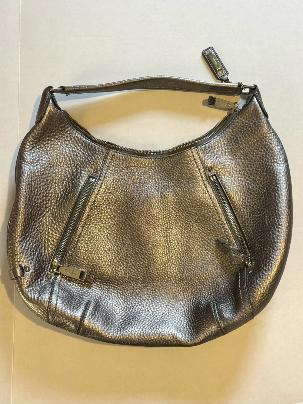 Cole Haan Metallic Pewter Pebbled Leather Shoulder Hobo